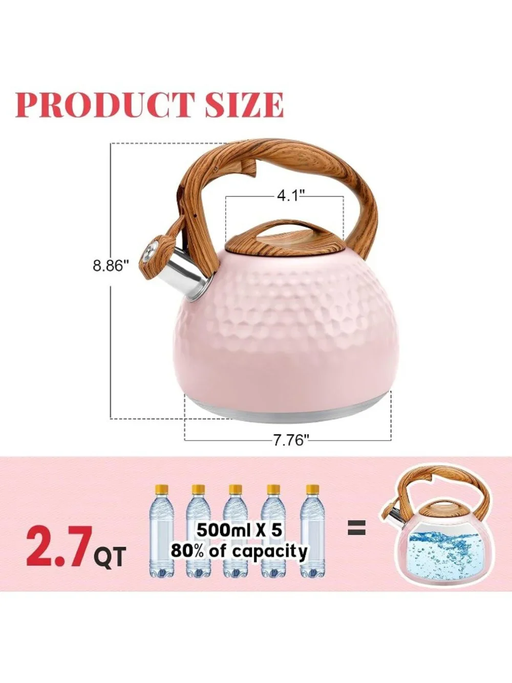 GGC 3.1QT Cute Pink Stainless Steel Whistling Tea Kettle For Kitchen Stove Top